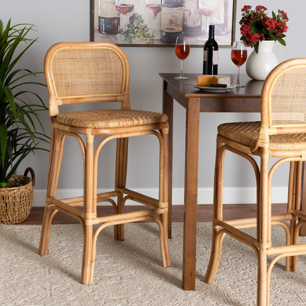 Adrena Modern Bohemian Natural Brown Rattan Bar Stool