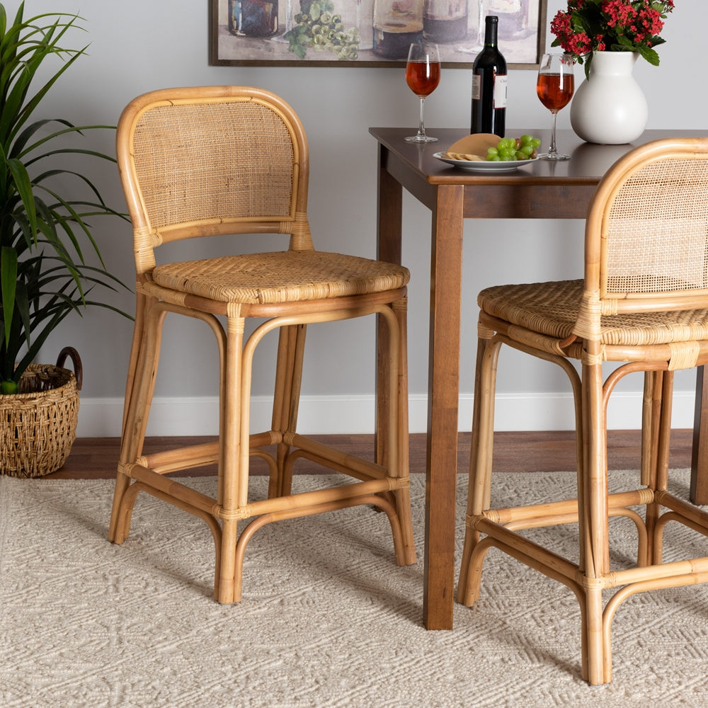 Adrena Modern Bohemian Natural Brown Rattan Counter Stool