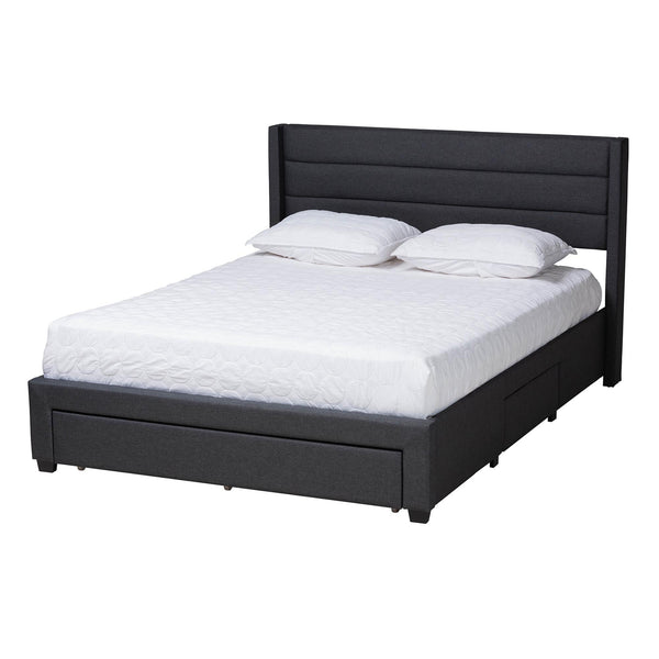 Braylon Mid-Century Modern Transitional Charcoal Grey Fabric and Dark Brown Finished Wood Queen Size 3-Drawer Storage Platform Bed