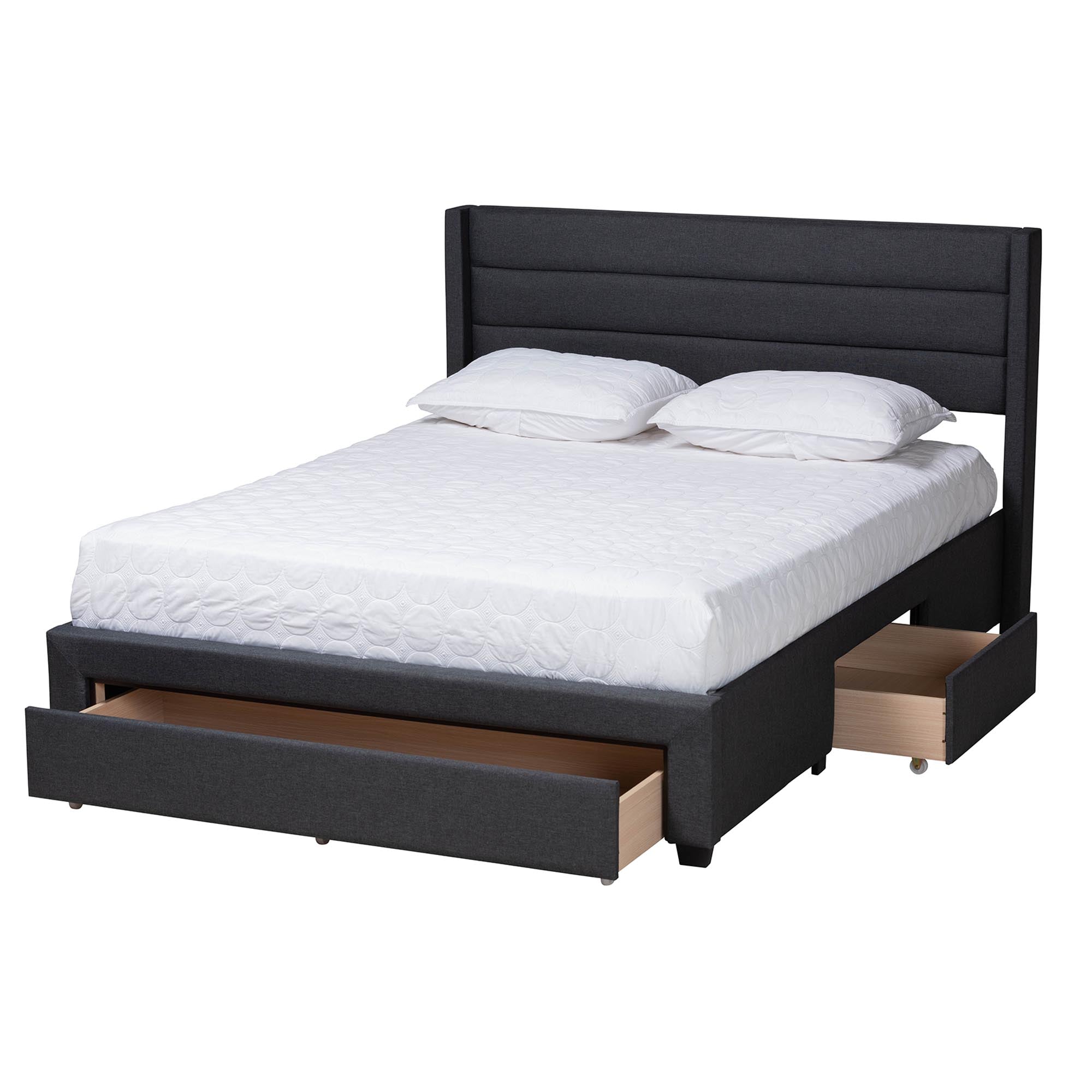 Braylon Mid-Century Modern Transitional Charcoal Grey Fabric and Dark Brown Finished Wood Queen Size 3-Drawer Storage Platform Bed