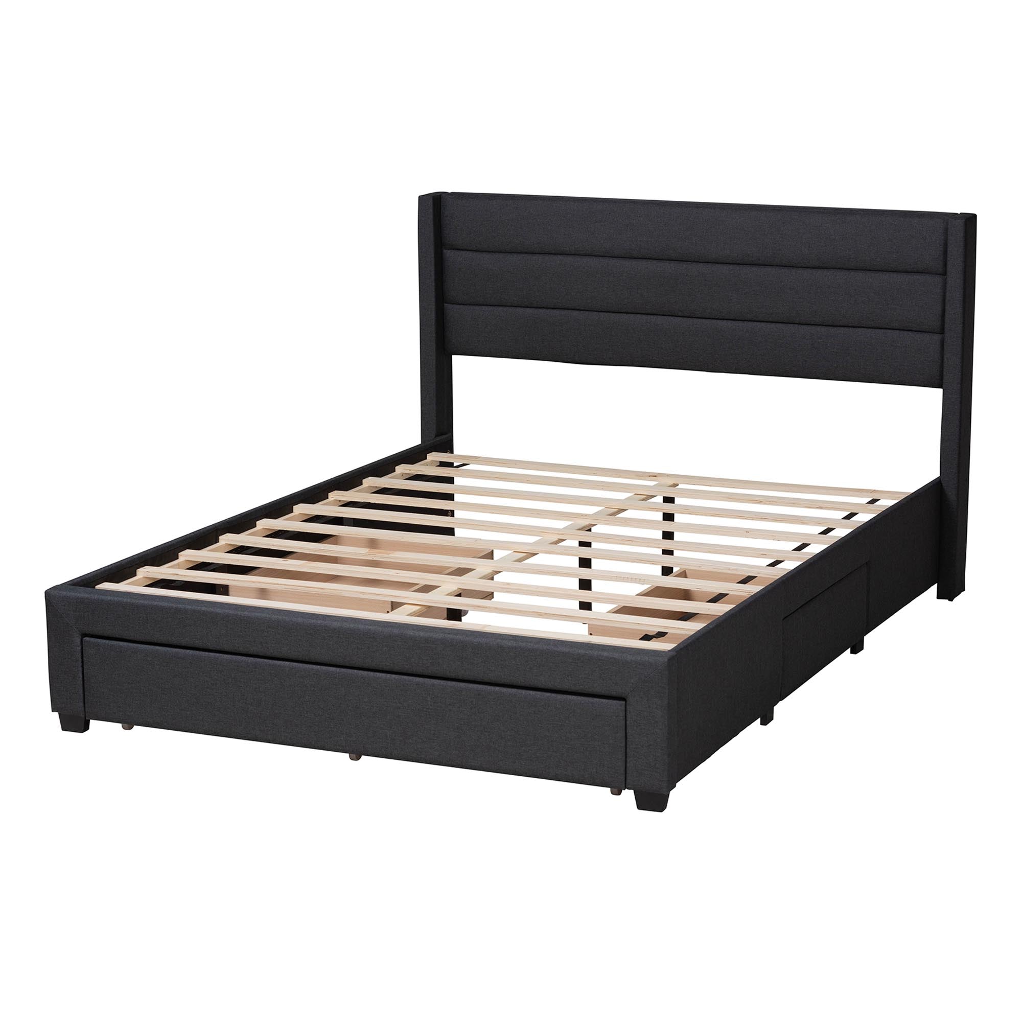 Braylon Mid-Century Modern Transitional Charcoal Grey Fabric and Dark Brown Finished Wood Queen Size 3-Drawer Storage Platform Bed