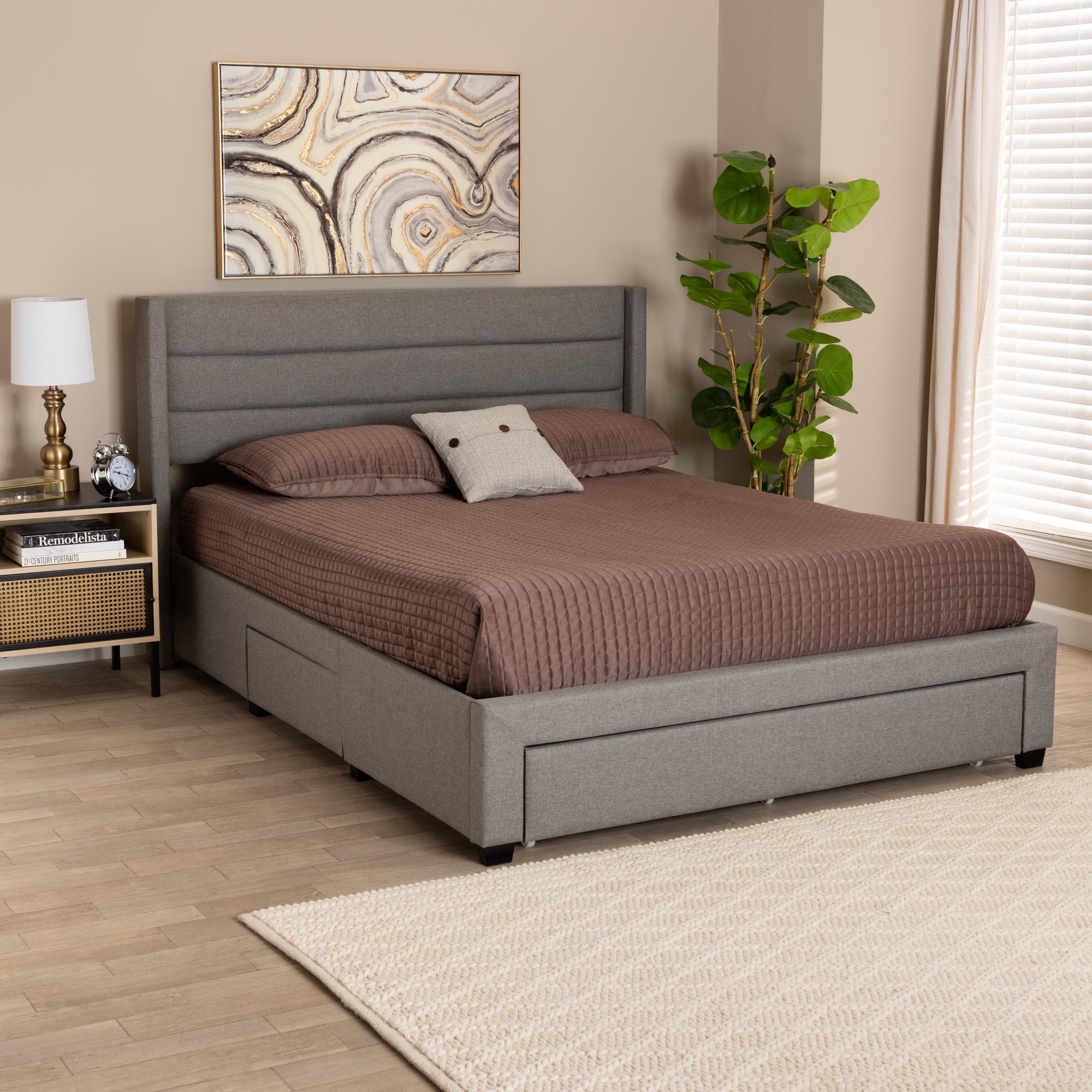 Braylon Mid-Century Modern Transitional Light Grey Fabric and Dark Brown Finished Wood Queen Size 3-Drawer Storage Platform Bed