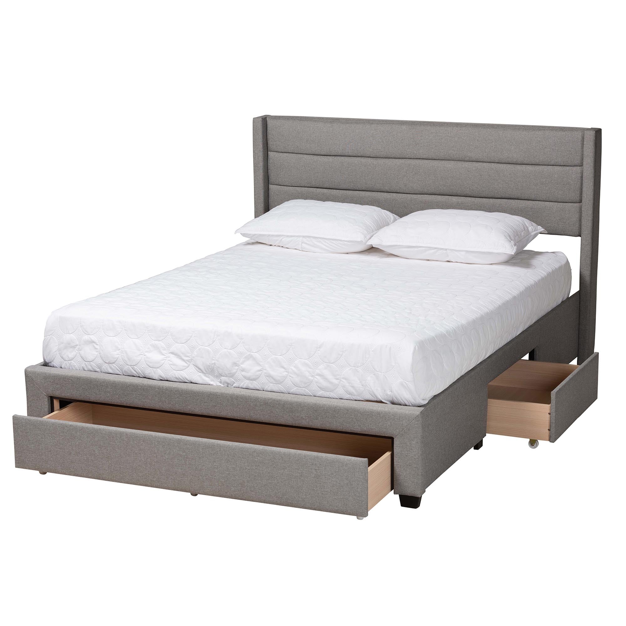 Braylon Mid-Century Modern Transitional Light Grey Fabric and Dark Brown Finished Wood Queen Size 3-Drawer Storage Platform Bed