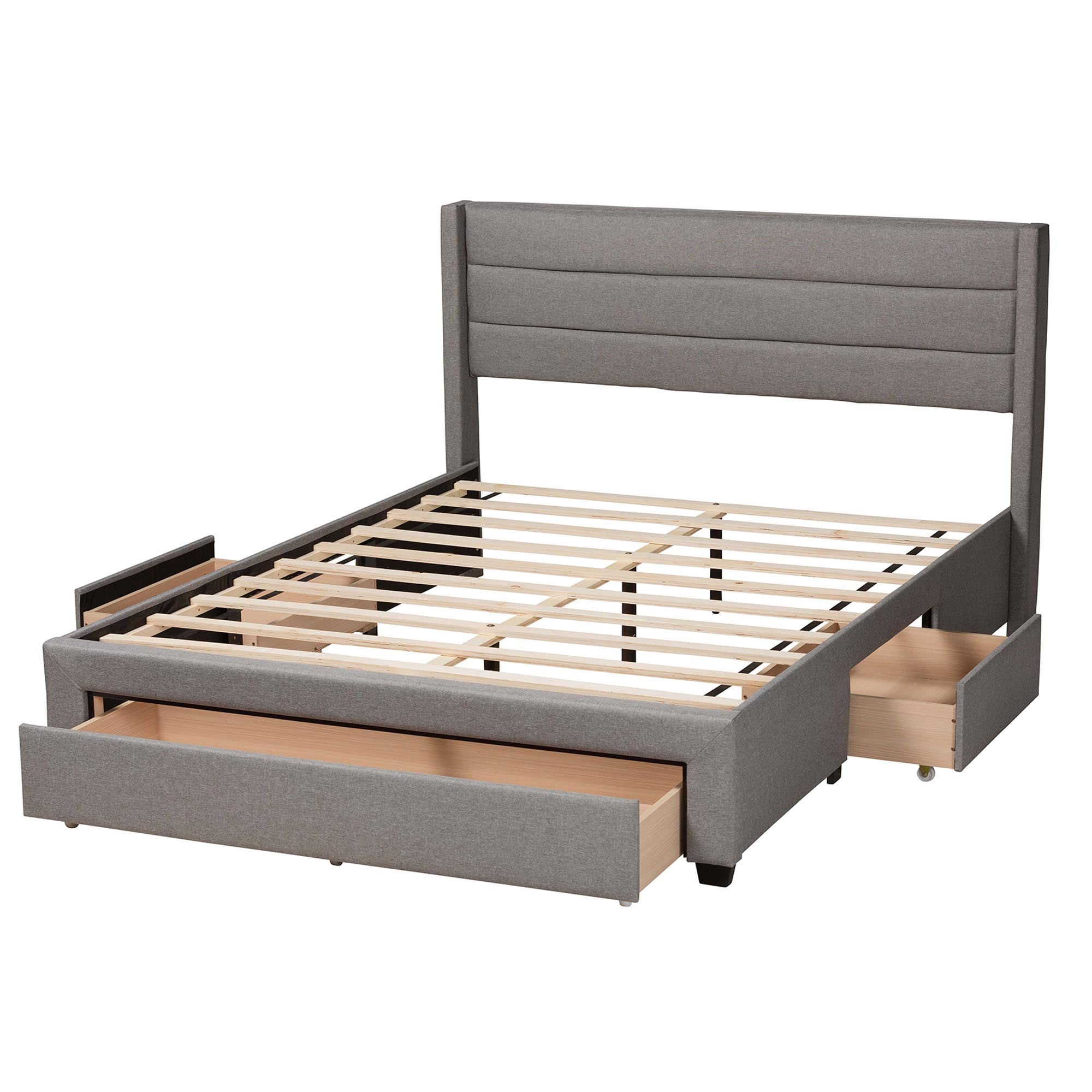 Braylon Mid-Century Modern Transitional Light Grey Fabric and Dark Brown Finished Wood Queen Size 3-Drawer Storage Platform Bed