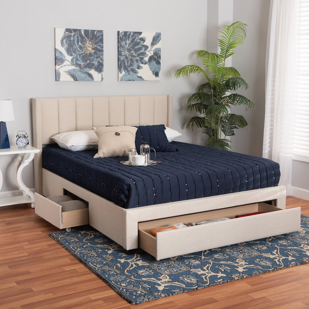 Coronado Mid-Century Modern Transitional Beige Fabric Full Size 3-Drawer Storage Platform Bed