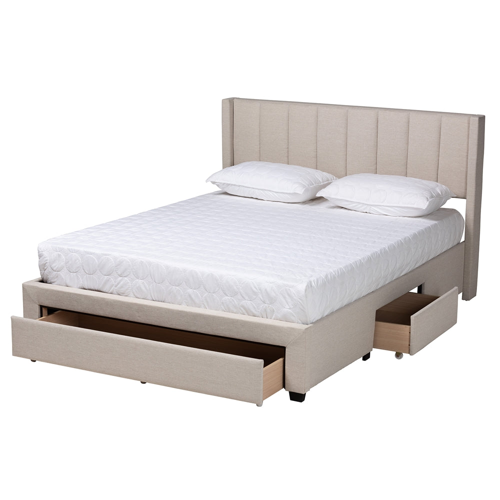 Frigga Full Size Mid-Century Bed – Beige Fabric with Storage Drawers