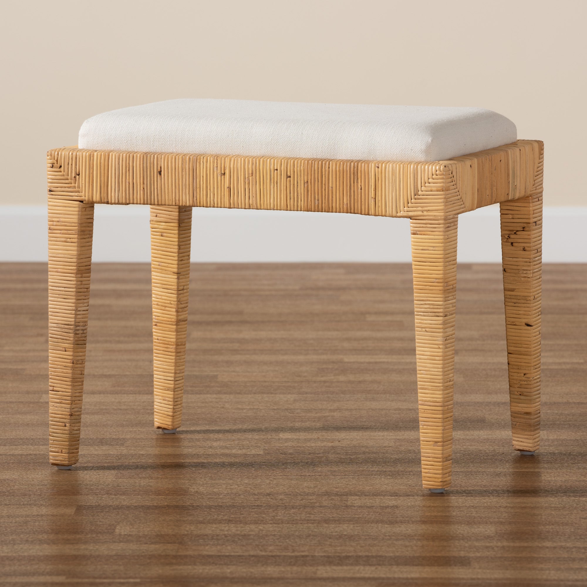 Sofia Modern Bohemian Natural Brown Rattan and Mahogany Wood Ottoman