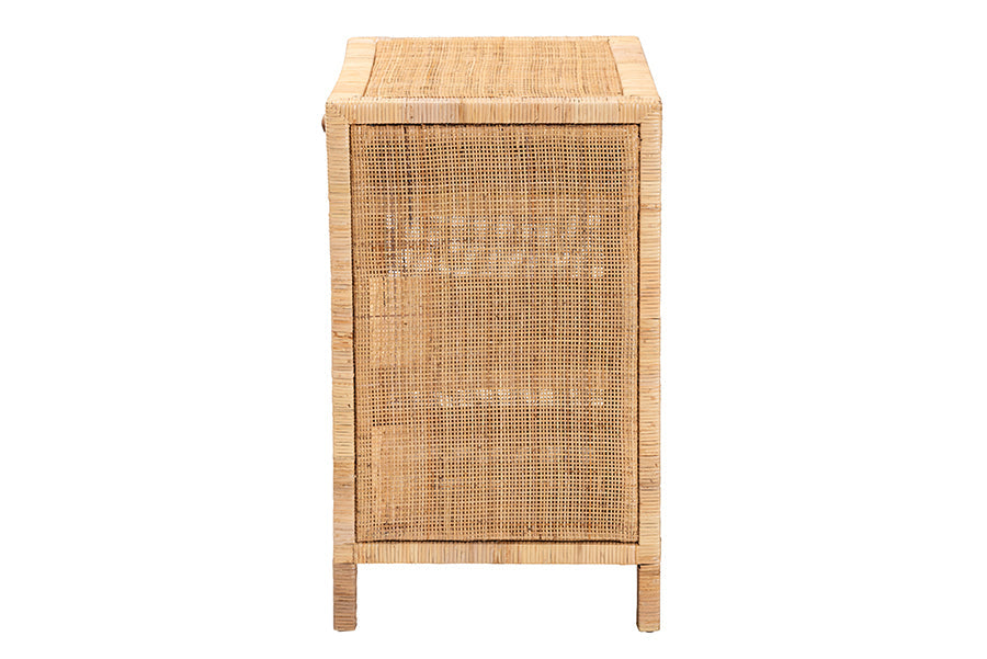 bali & pari Bella Modern Bohemian Natural Brown Mahogany Wood and Natural Rattan 1-Drawer Console Table