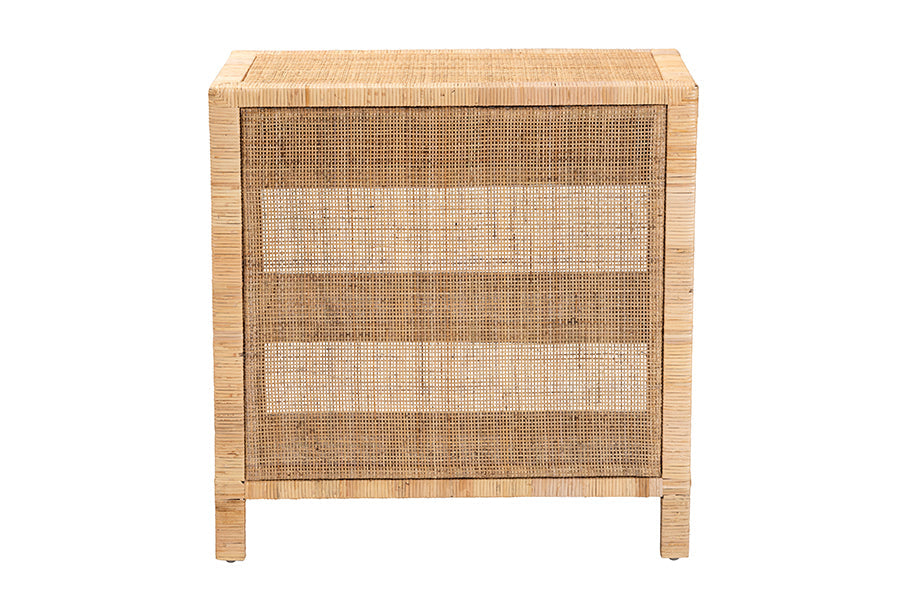 bali & pari Bella Modern Bohemian Natural Brown Mahogany Wood and Natural Rattan 1-Drawer Console Table