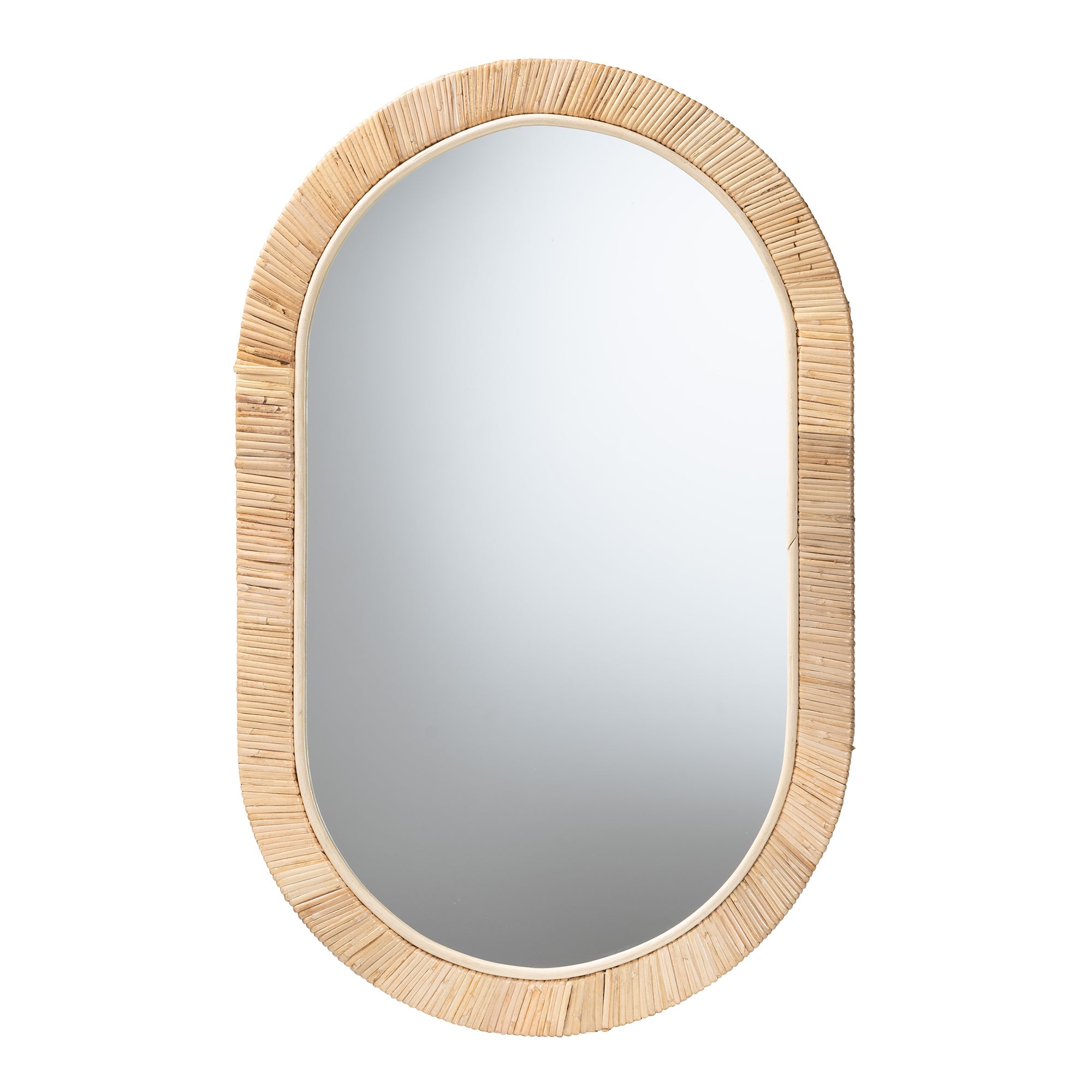 Modern Bohemian Natural Brown Mahogany Wood and Natural Rattan Oval Mirror