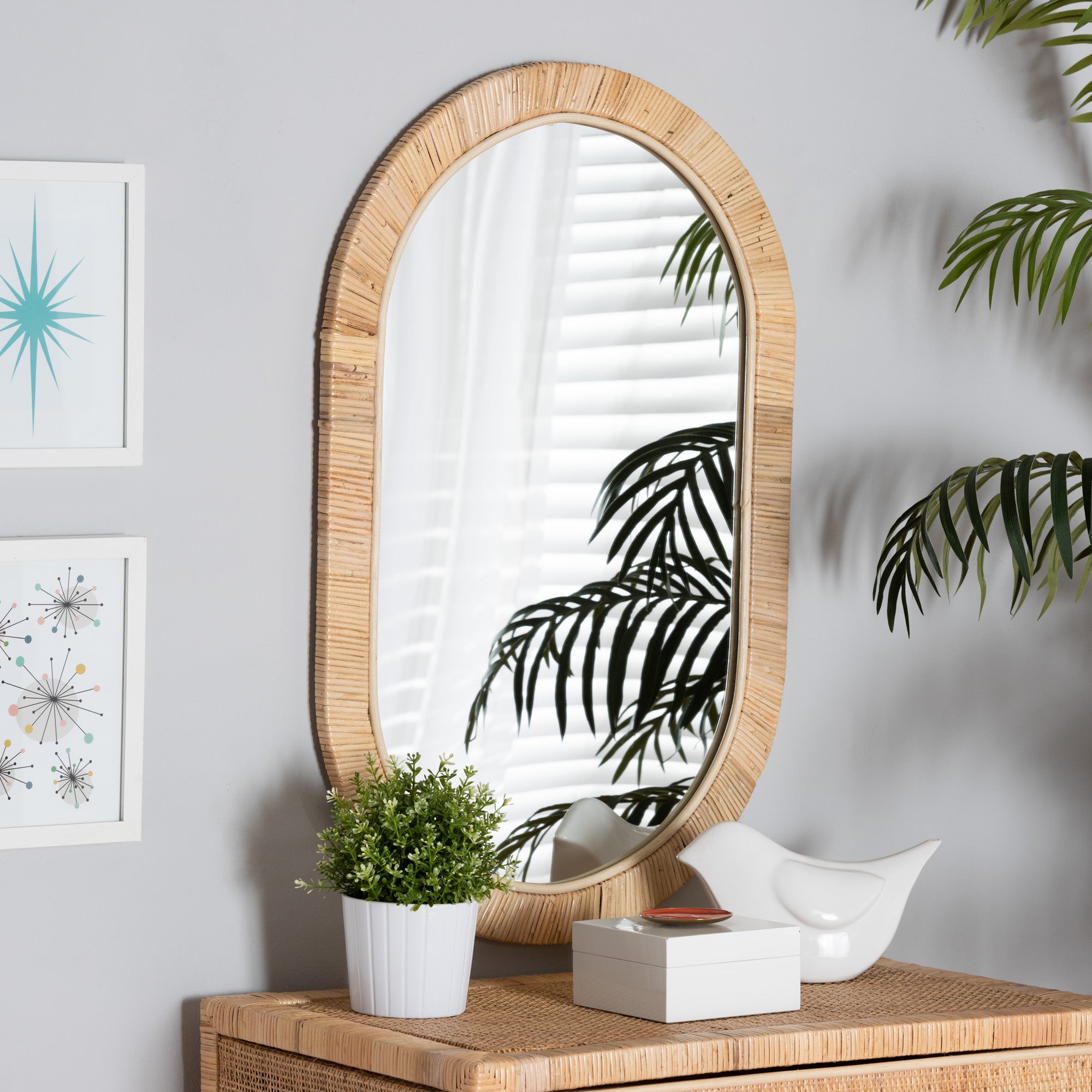 Modern Bohemian Natural Brown Mahogany Wood and Natural Rattan Oval Mirror