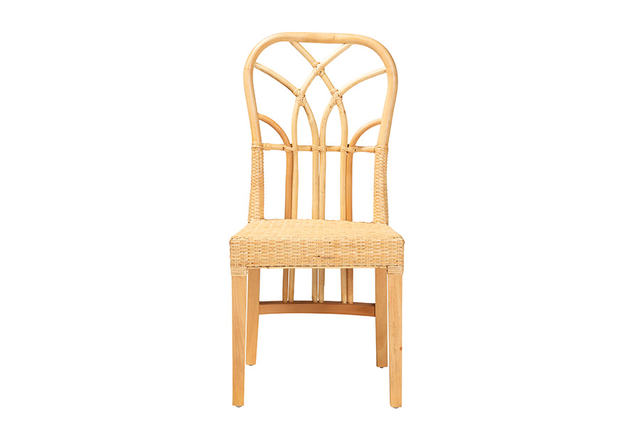 bali & pari Monaco Modern Bohemian Oak Brown Finished Mahogany Wood and Natural Rattan Dining Chair
