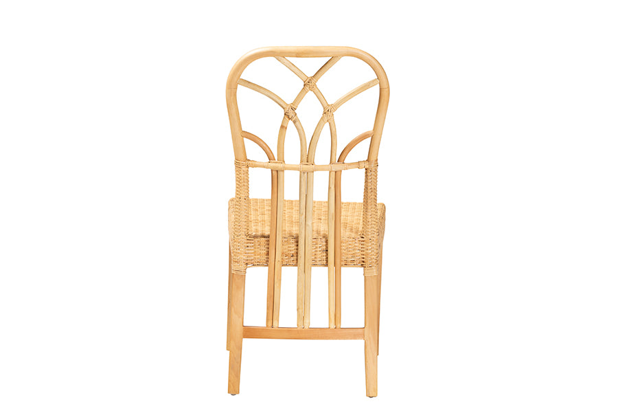 bali & pari Monaco Modern Bohemian Oak Brown Finished Mahogany Wood and Natural Rattan Dining Chair