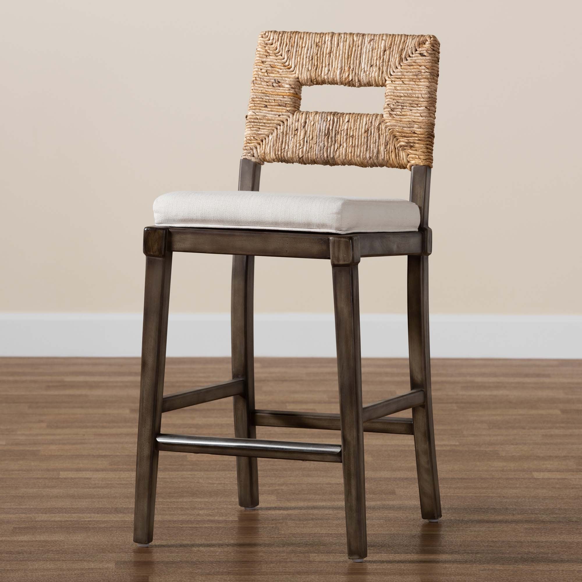 bali & pari Porsha Modern Bohemian Dark Brown Finished Mahogany Wood and Natural Rattan Counter Stool