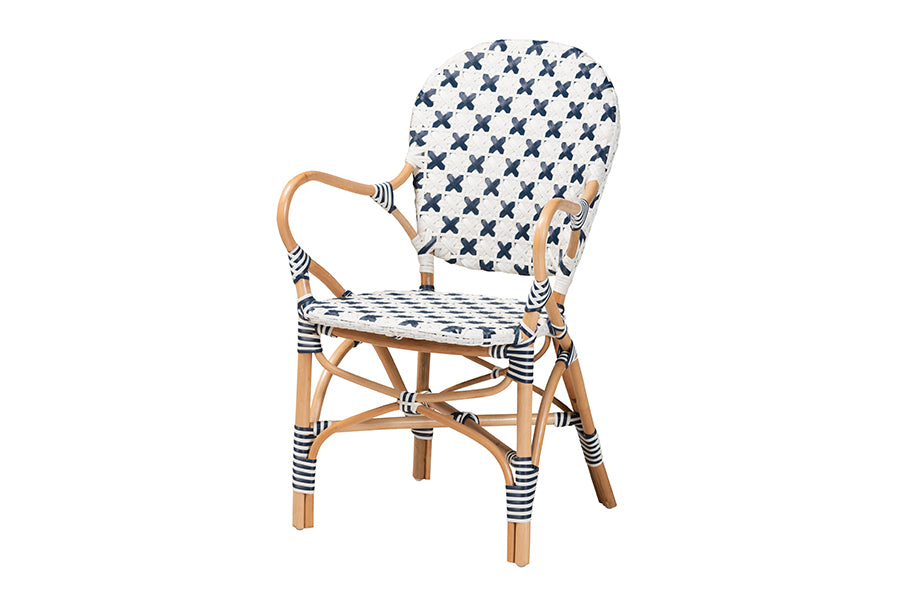 Bryson Modern French Blue and White Weaving and Natural Rattan Bistro Chair