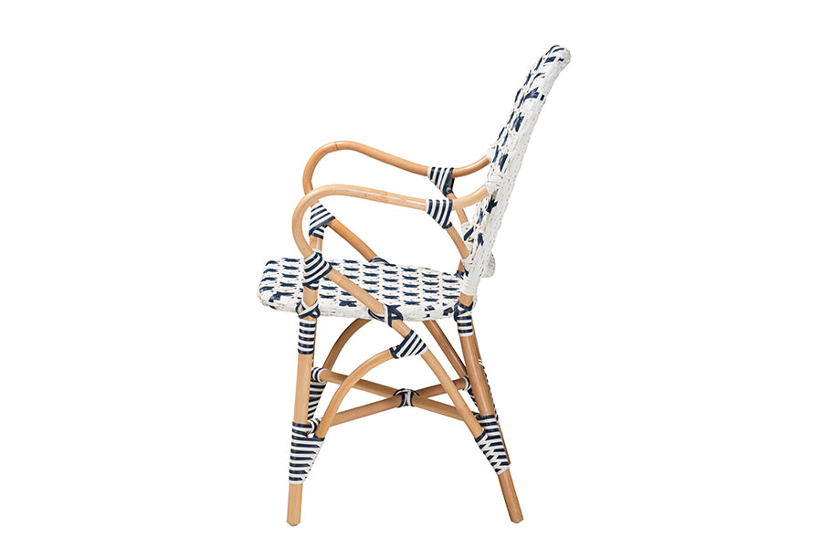 Bryson Modern French Blue and White Weaving and Natural Rattan Bistro Chair