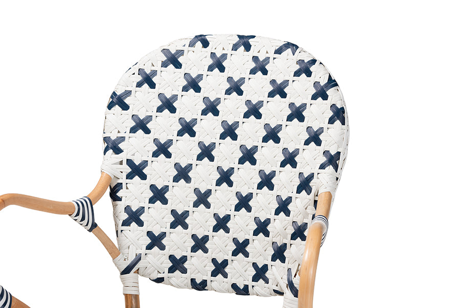 Bryson Modern French Blue and White Weaving and Natural Rattan Bistro Chair