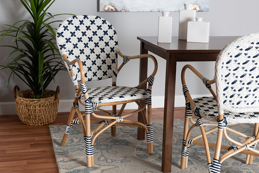 Bryson Modern French Blue and White Weaving and Natural Rattan Bistro Chair