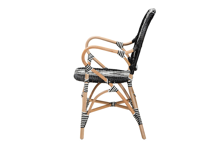Wallis Modern French Two-Tone Black and White Weaving and Natural Rattan Indoor Dining Chair