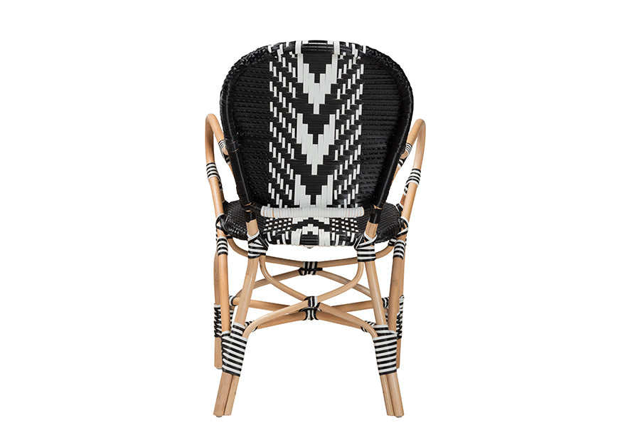 Wallis Modern French Two-Tone Black and White Weaving and Natural Rattan Indoor Dining Chair