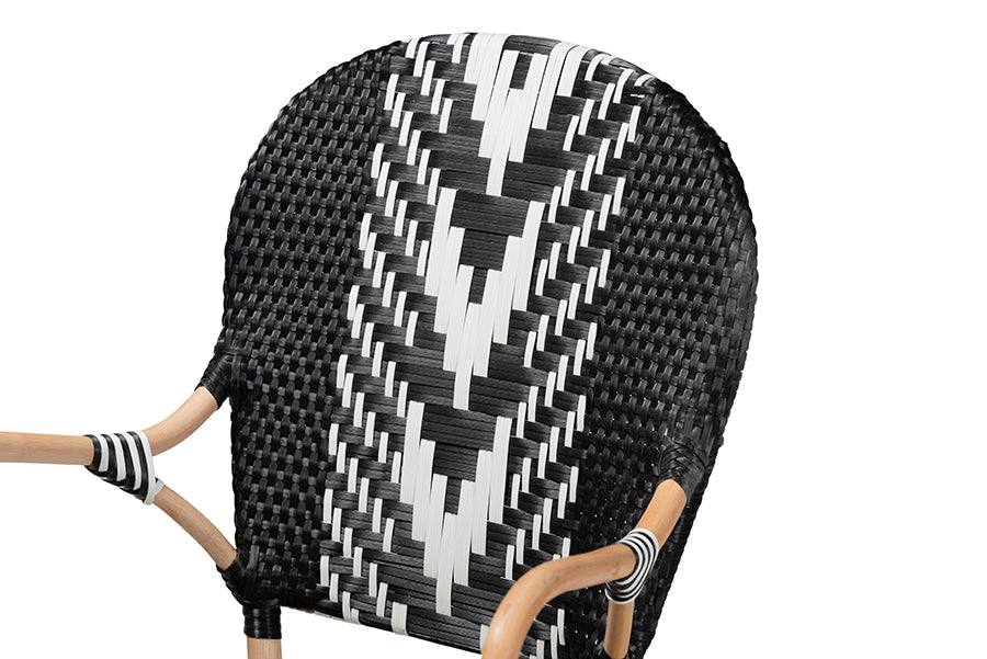 Wallis Modern French Two-Tone Black and White Weaving and Natural Rattan Indoor Dining Chair