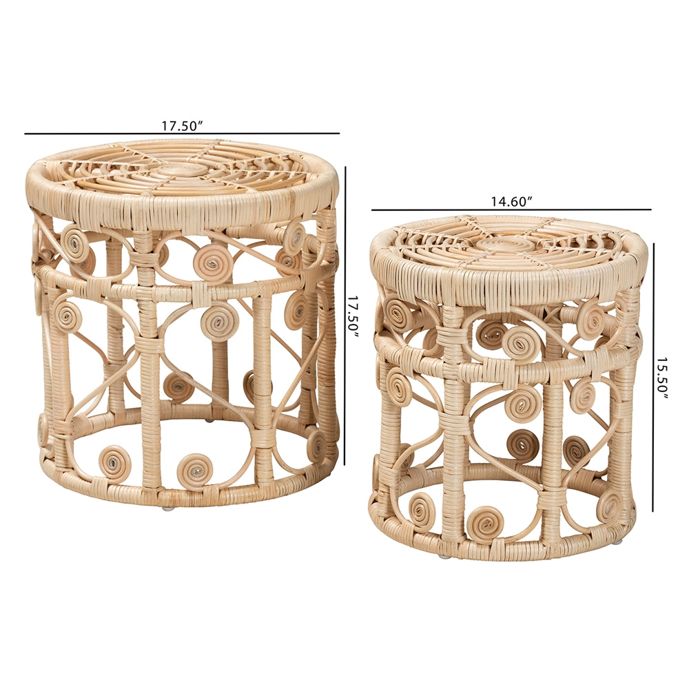 Bowie Modern Bohemian Natural Brown Rattan 2-Piece Nesting End Table Set