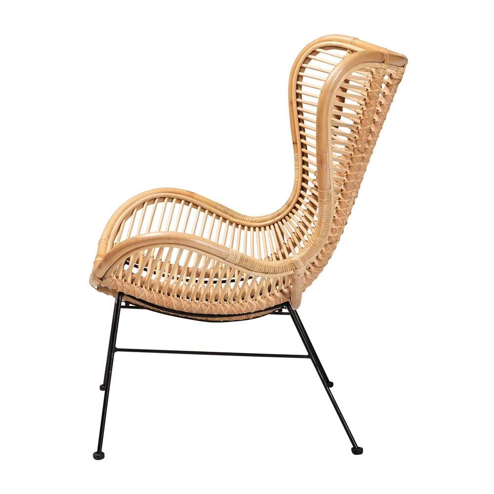 Colorado Modern Bohemian Natural Brown Rattan and Black Metal Accent Chair