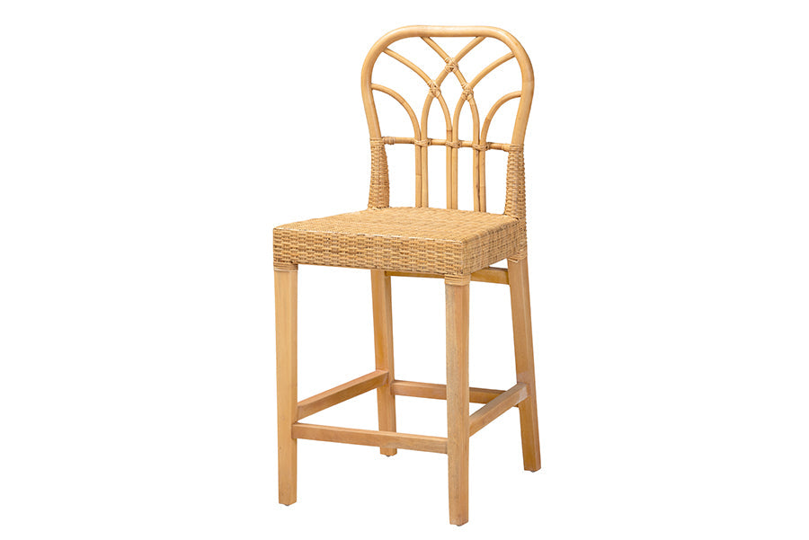 bali & pari Monaco Modern Bohemian Natural Rattan and Mahogany Wood Counter Stool