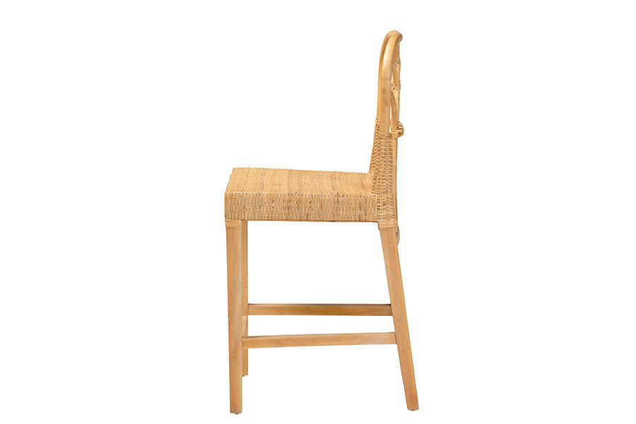 bali & pari Monaco Modern Bohemian Natural Rattan and Mahogany Wood Counter Stool