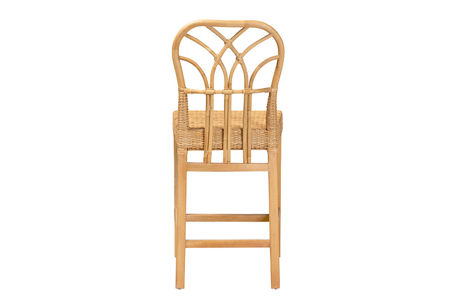 bali & pari Monaco Modern Bohemian Natural Rattan and Mahogany Wood Counter Stool
