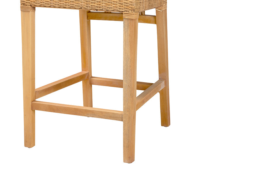 bali & pari Monaco Modern Bohemian Natural Rattan and Mahogany Wood Counter Stool