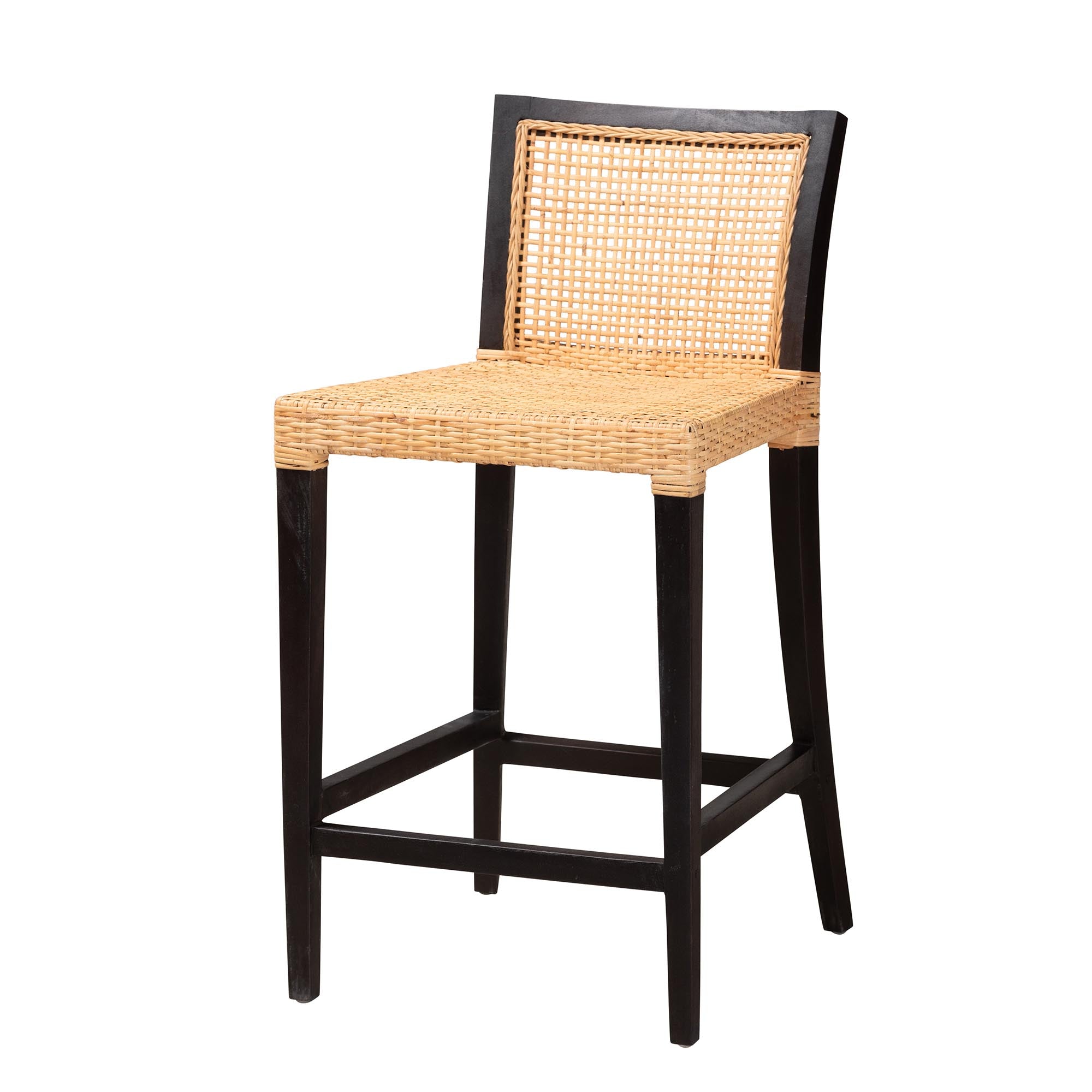 bali & pari Lingga Modern Bohemian Dark Brown Mahogany Wood and Natural Rattan Counter Stool