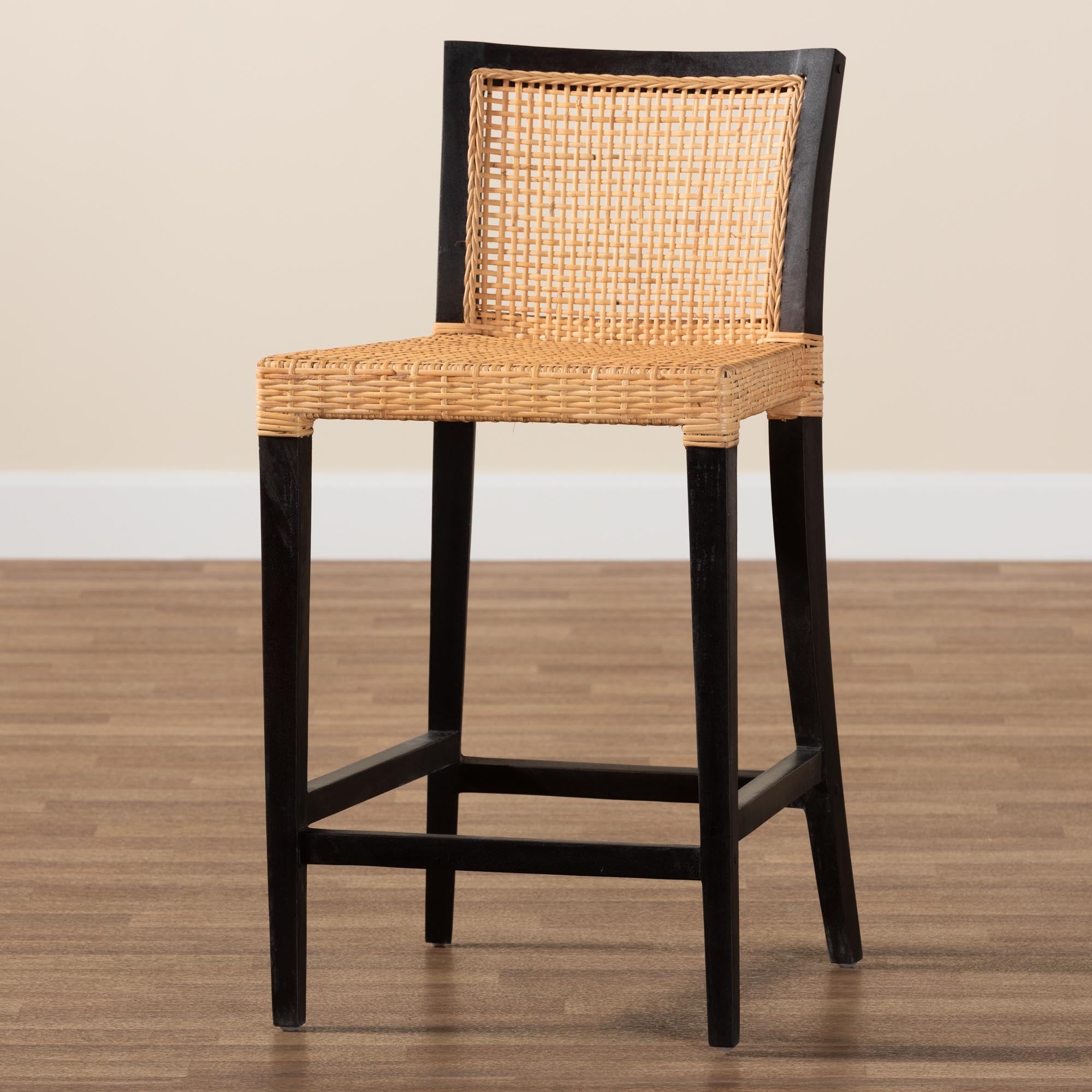 bali & pari Lingga Modern Bohemian Dark Brown Mahogany Wood and Natural Rattan Counter Stool
