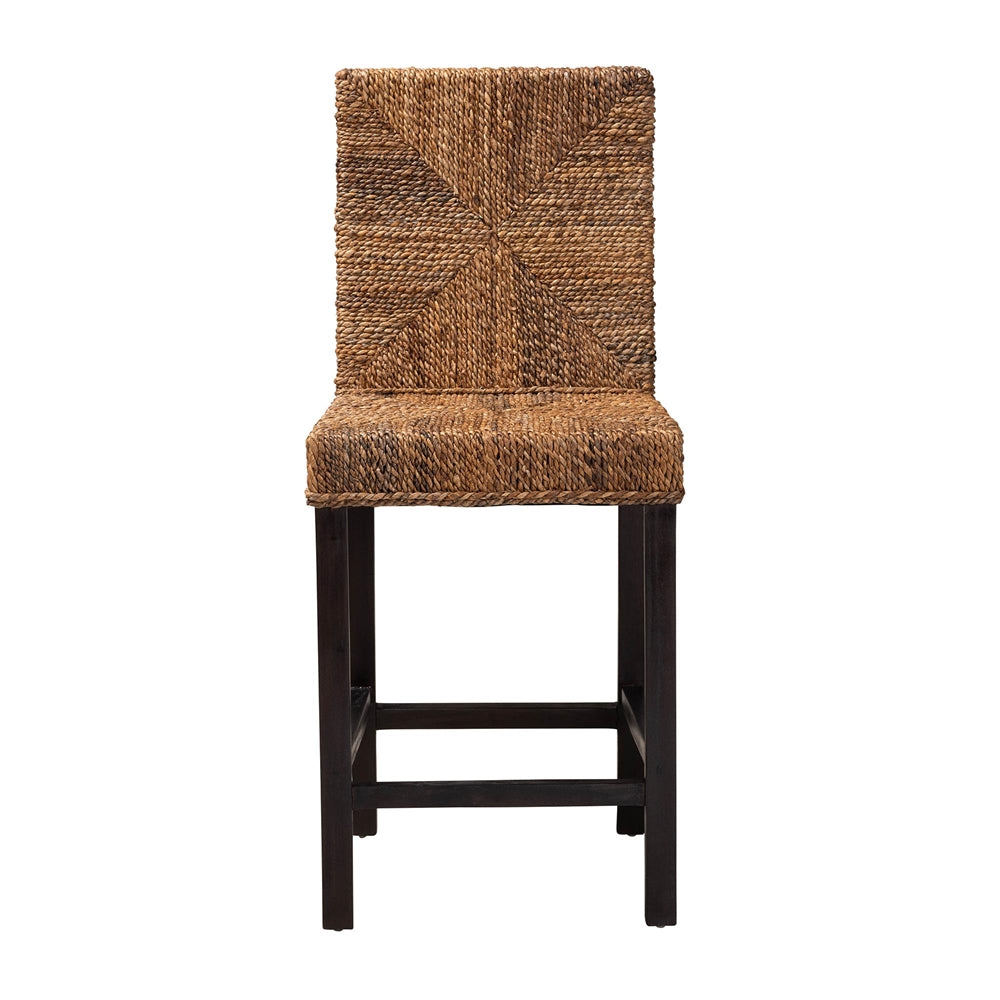bali & pari Laymi Modern Bohemian Dark Brown Mahogany Wood and Seagrass Counter Stool