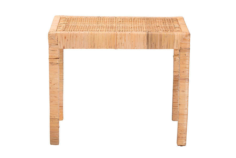 bali & pari Abelia Modern Bohemian Natural Rattan and Mahogany Wood Short Accent Bench