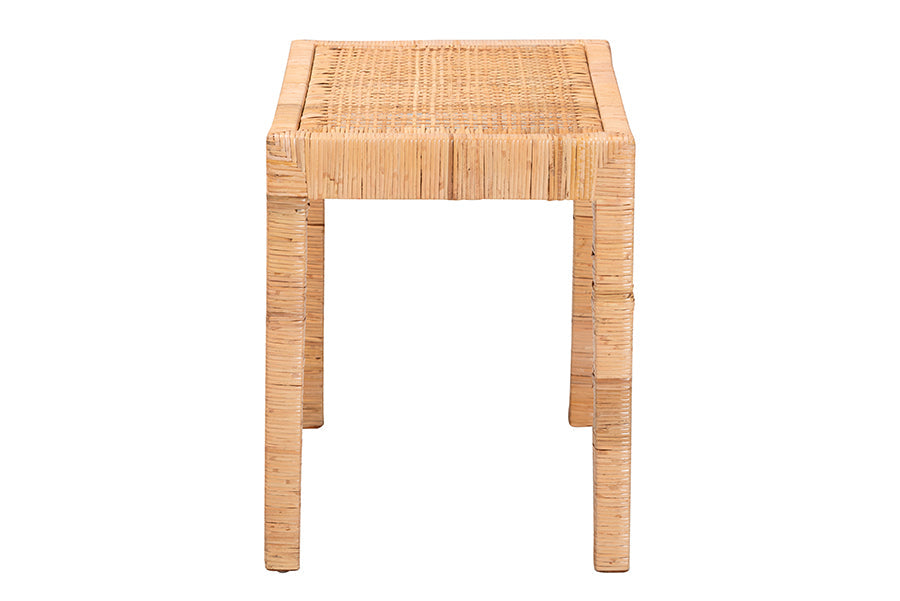 bali & pari Abelia Modern Bohemian Natural Rattan and Mahogany Wood Short Accent Bench