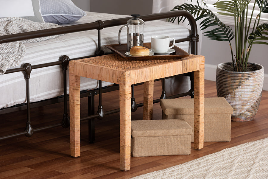 bali & pari Abelia Modern Bohemian Natural Rattan and Mahogany Wood Short Accent Bench