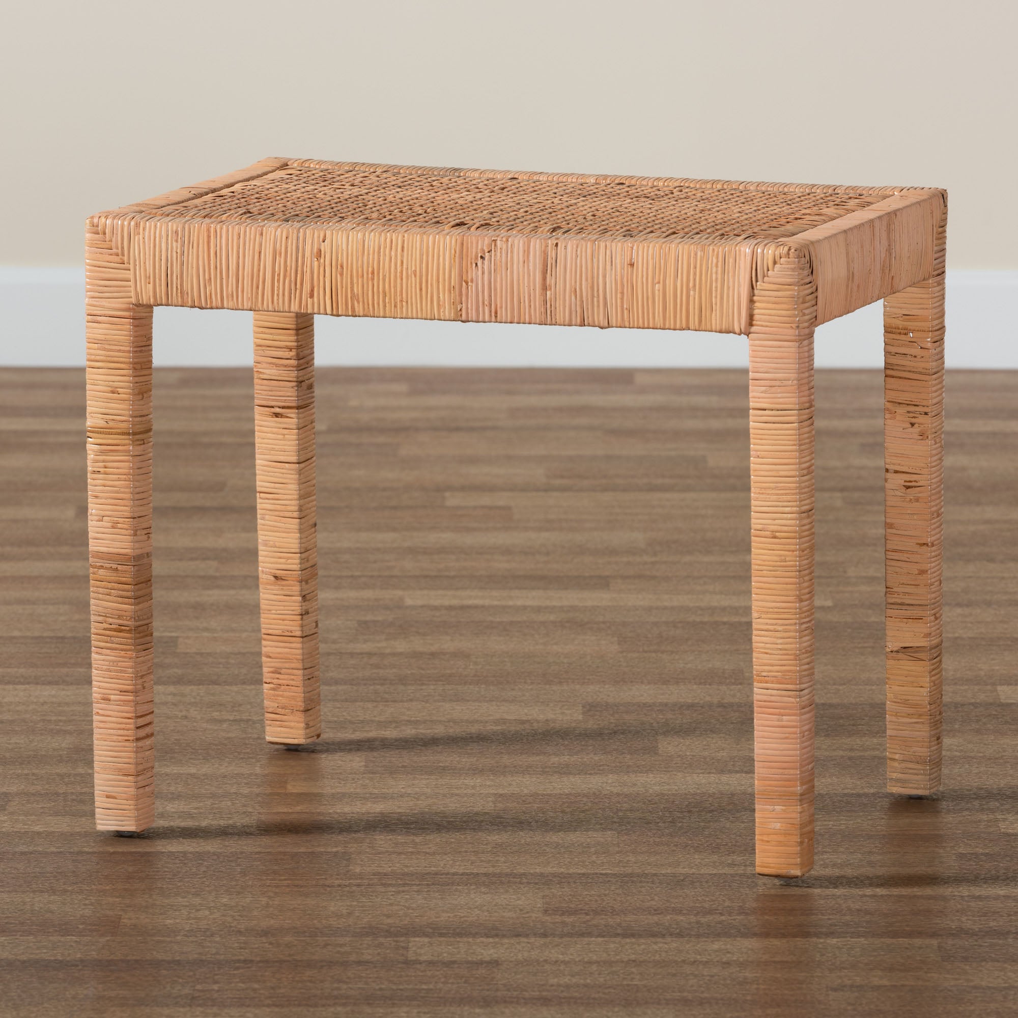 Abelia Modern Bohemian Natural Rattan and Mahogany Wood Short Accent Bench