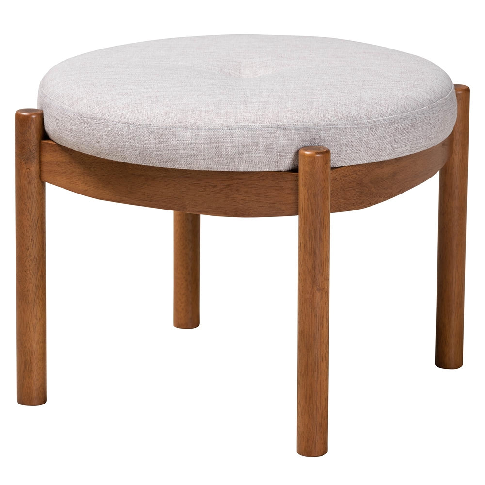 Iliana Japandi Greyish Beige Fabric and Walnut Brown Finished Wood Ottoman Footstool