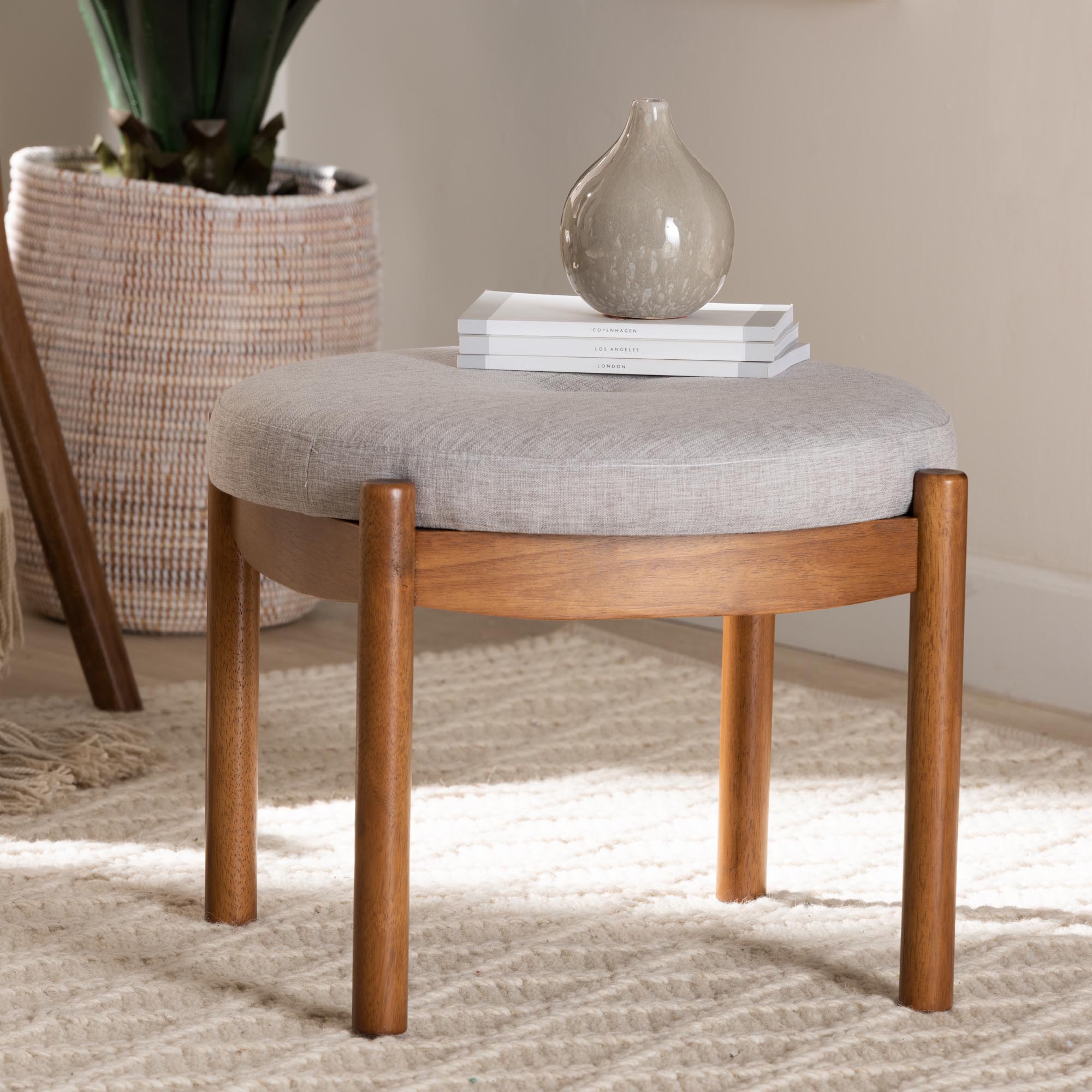 Iliana Japandi Greyish Beige Fabric and Walnut Brown Finished Wood Ottoman Footstool