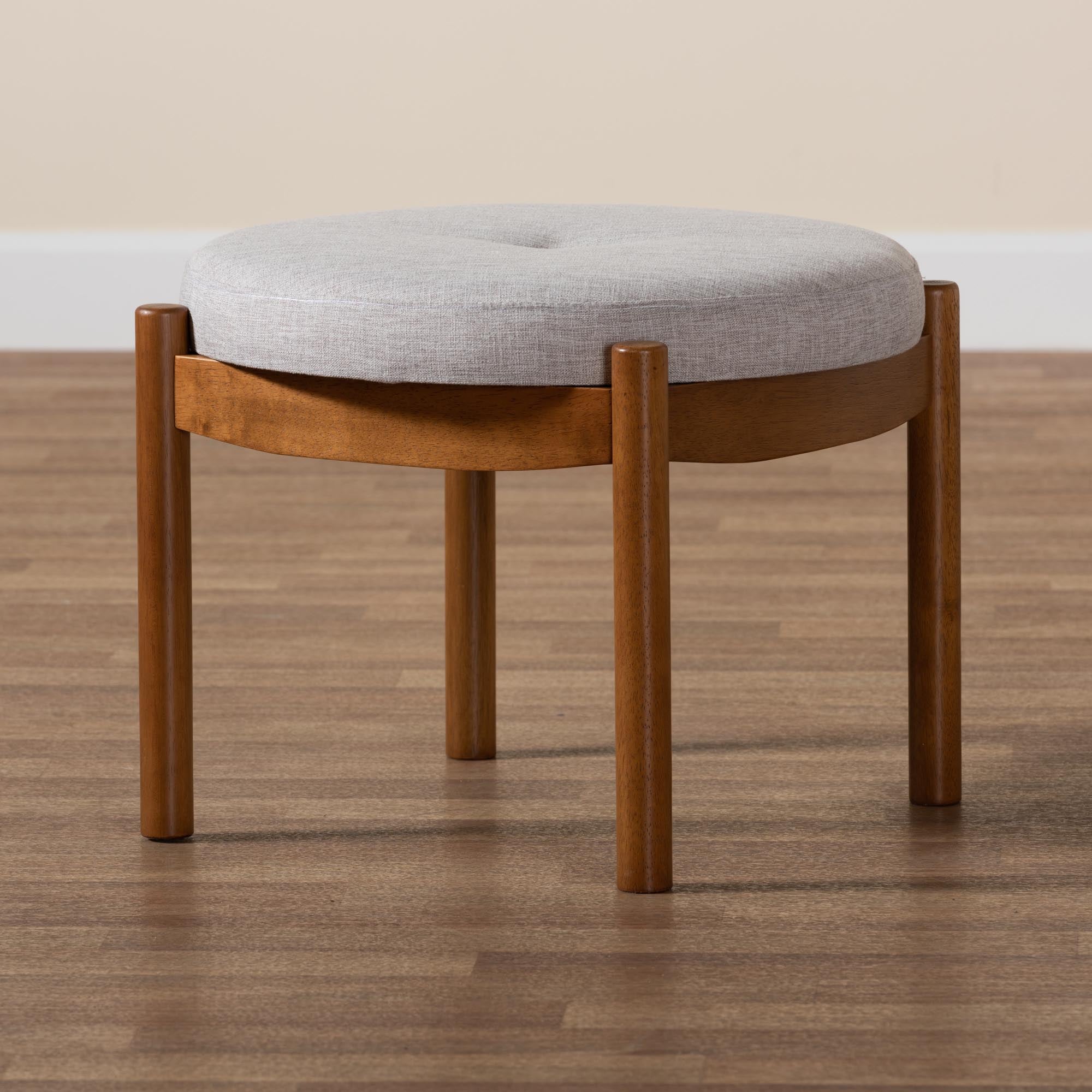 Iliana Japandi Greyish Beige Fabric and Walnut Brown Finished Wood Ottoman Footstool