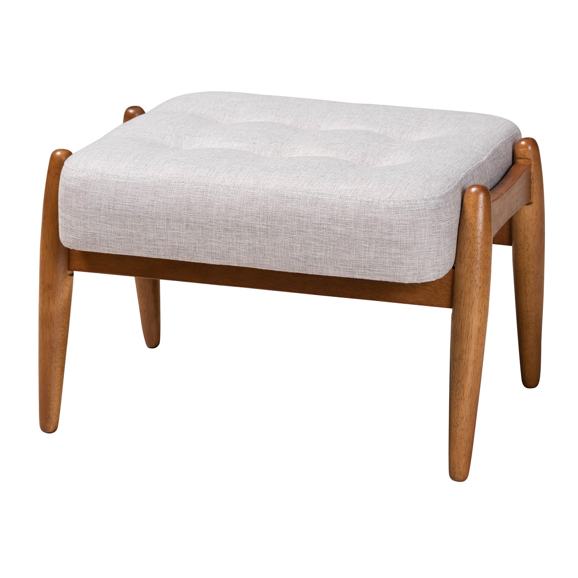 Jeanine Japandi Greyish Beige Fabric and Walnut Brown Finished Wood Ottoman Footstool