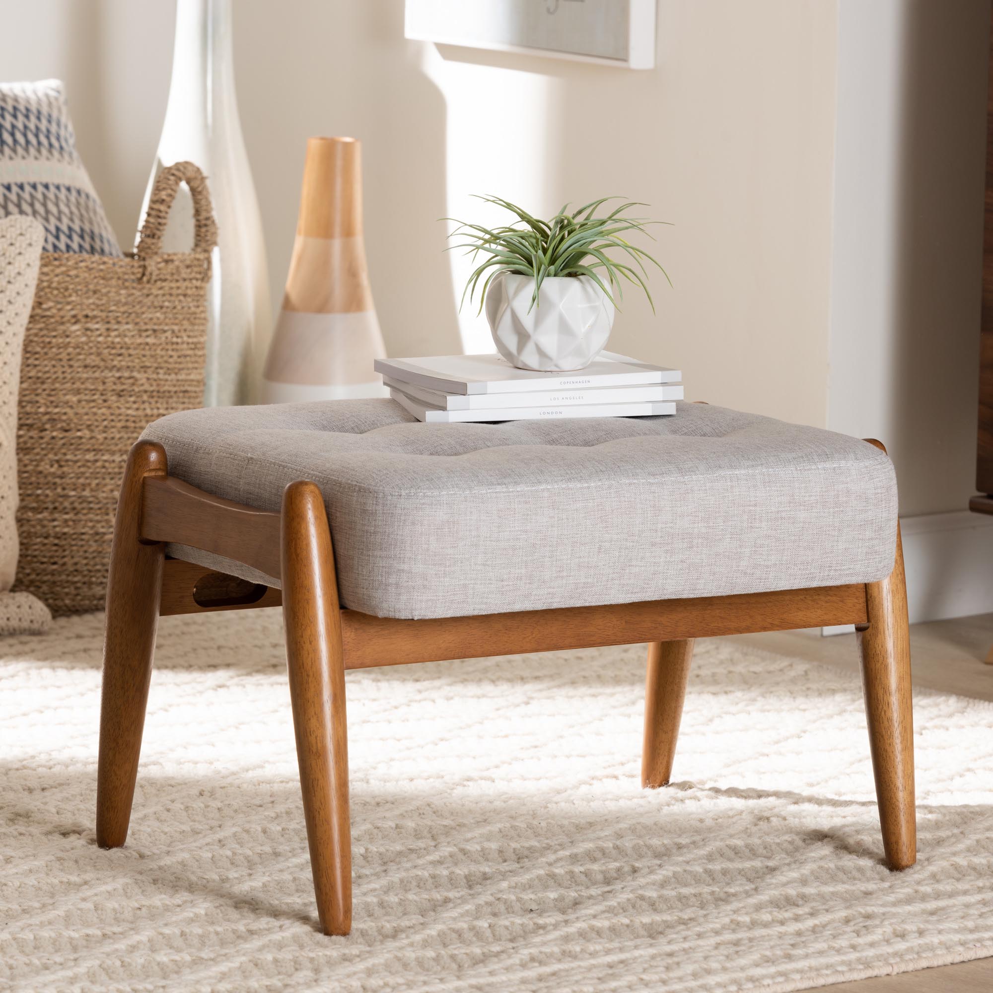 Jeanine Japandi Greyish Beige Fabric and Walnut Brown Finished Wood Ottoman Footstool