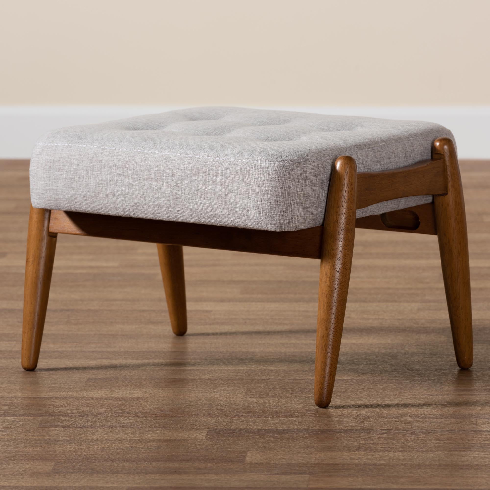 Jeanine Japandi Greyish Beige Fabric and Walnut Brown Finished Wood Ottoman Footstool