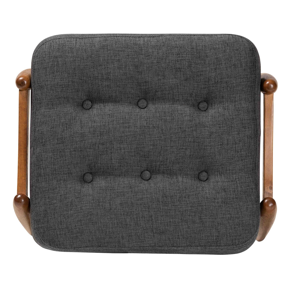 Jeanine Japandi Dark Grey Fabric and Walnut Brown Finished Wood Ottoman Footstool