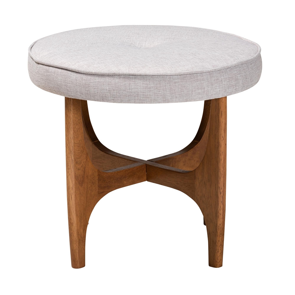 Theo Japandi Greyish Beige Fabric and Walnut Brown Finished Wood Ottoman Footstool