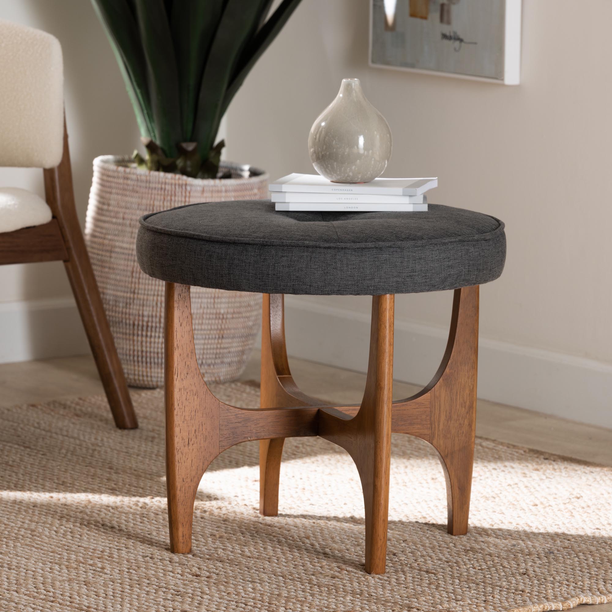 Theo Japandi Dark Grey Fabric and Walnut Brown Finished Wood Ottoman Footstool