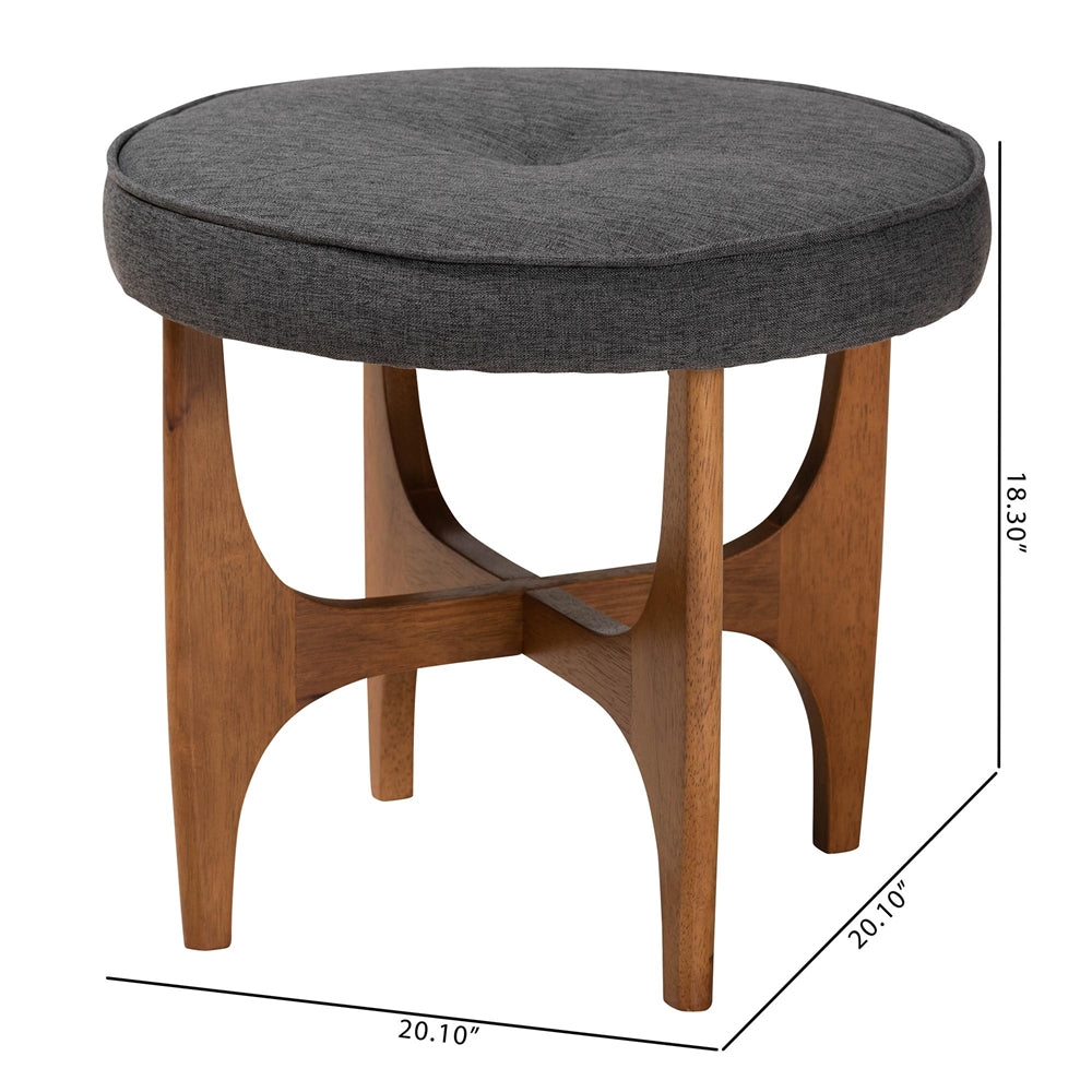Theo Japandi Dark Grey Fabric and Walnut Brown Finished Wood Ottoman Footstool