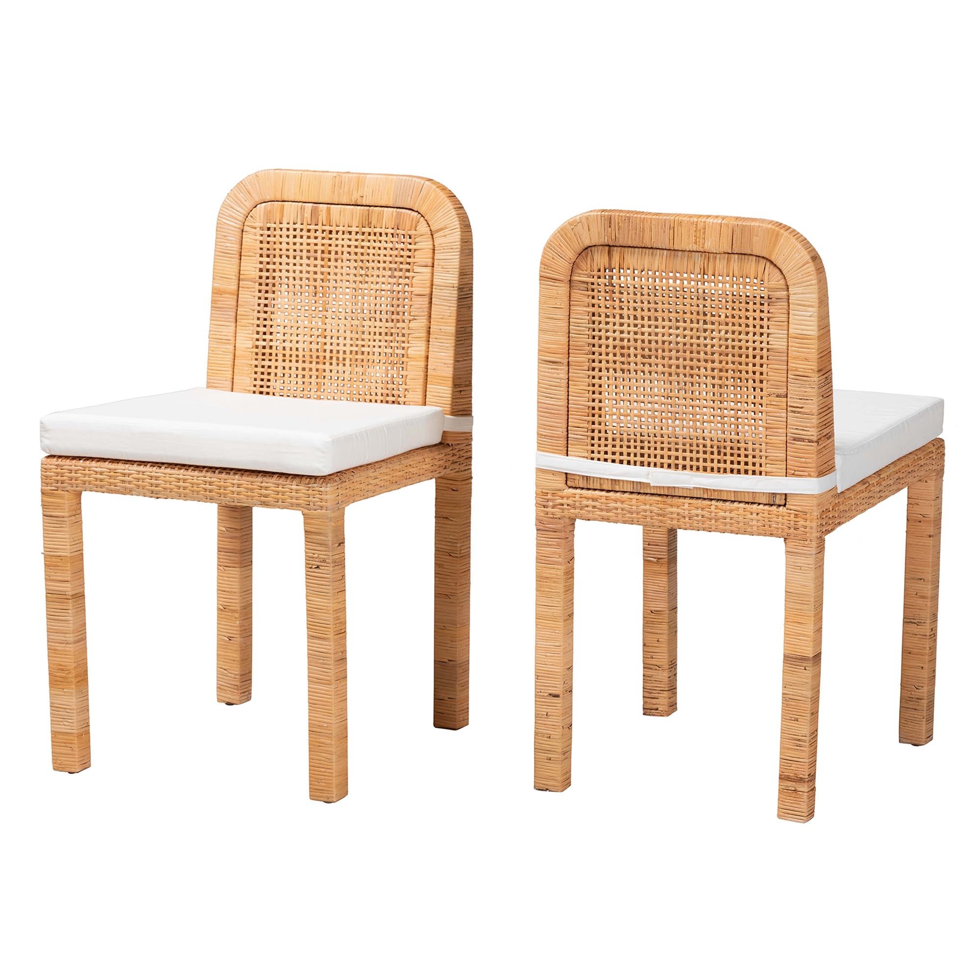 bali & pari Zariah Modern Bohemian Natural Brown Rattan and Mahogany Wood 2-Piece Dining Chair Set