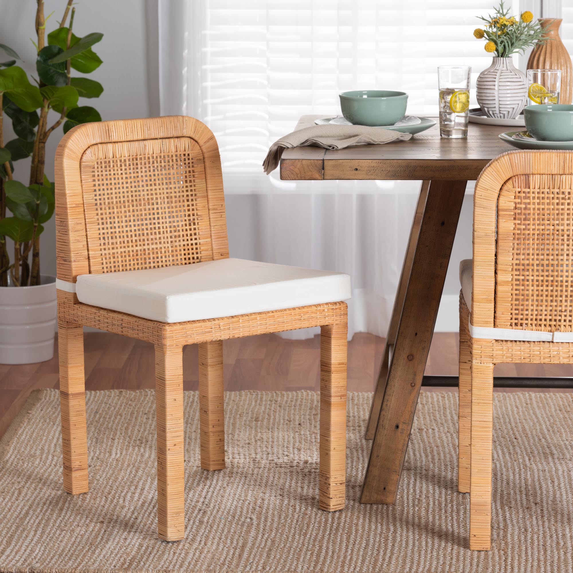 bali & pari Zariah Modern Bohemian Natural Brown Rattan and Mahogany Wood 2-Piece Dining Chair Set